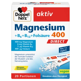Abbildung der Produktverpackung Doppelherz aktiv Magnesium 400 DIRECT Frontansicht